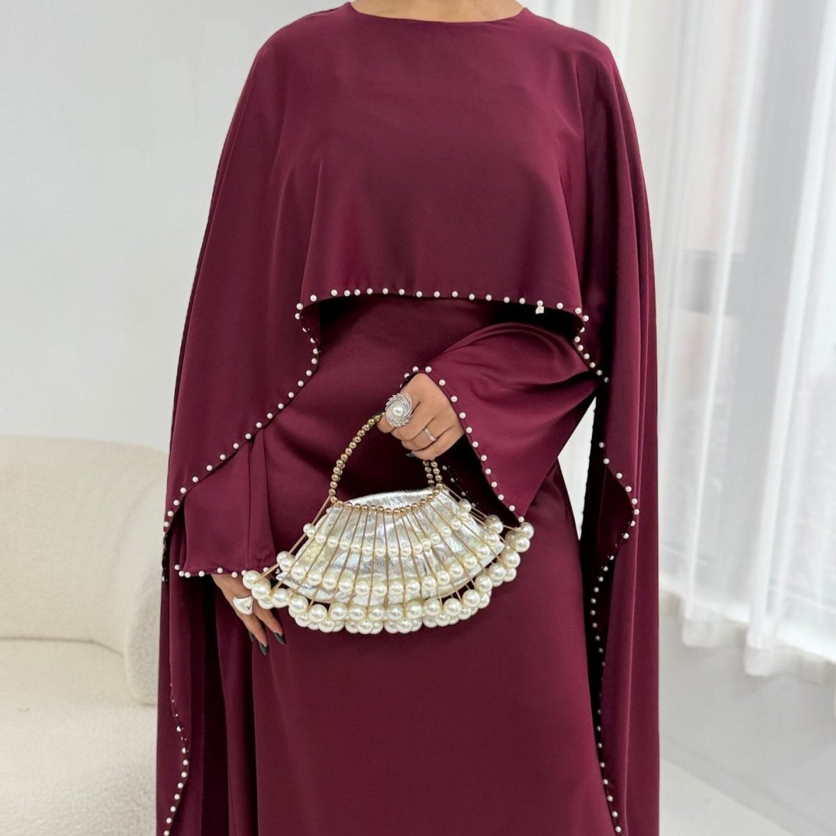 Pearl Embellished Kaftan Abaya | Luxury Cape Sleeve Maxi Dress(MA382) - Mariam's Collection