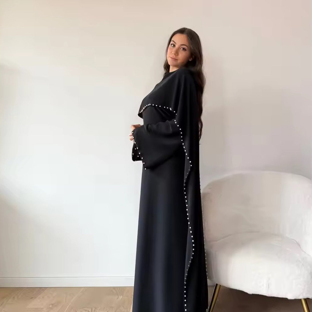 Pearl Embellished Kaftan Abaya | Luxury Cape Sleeve Maxi Dress(MA382) - Mariam's Collection