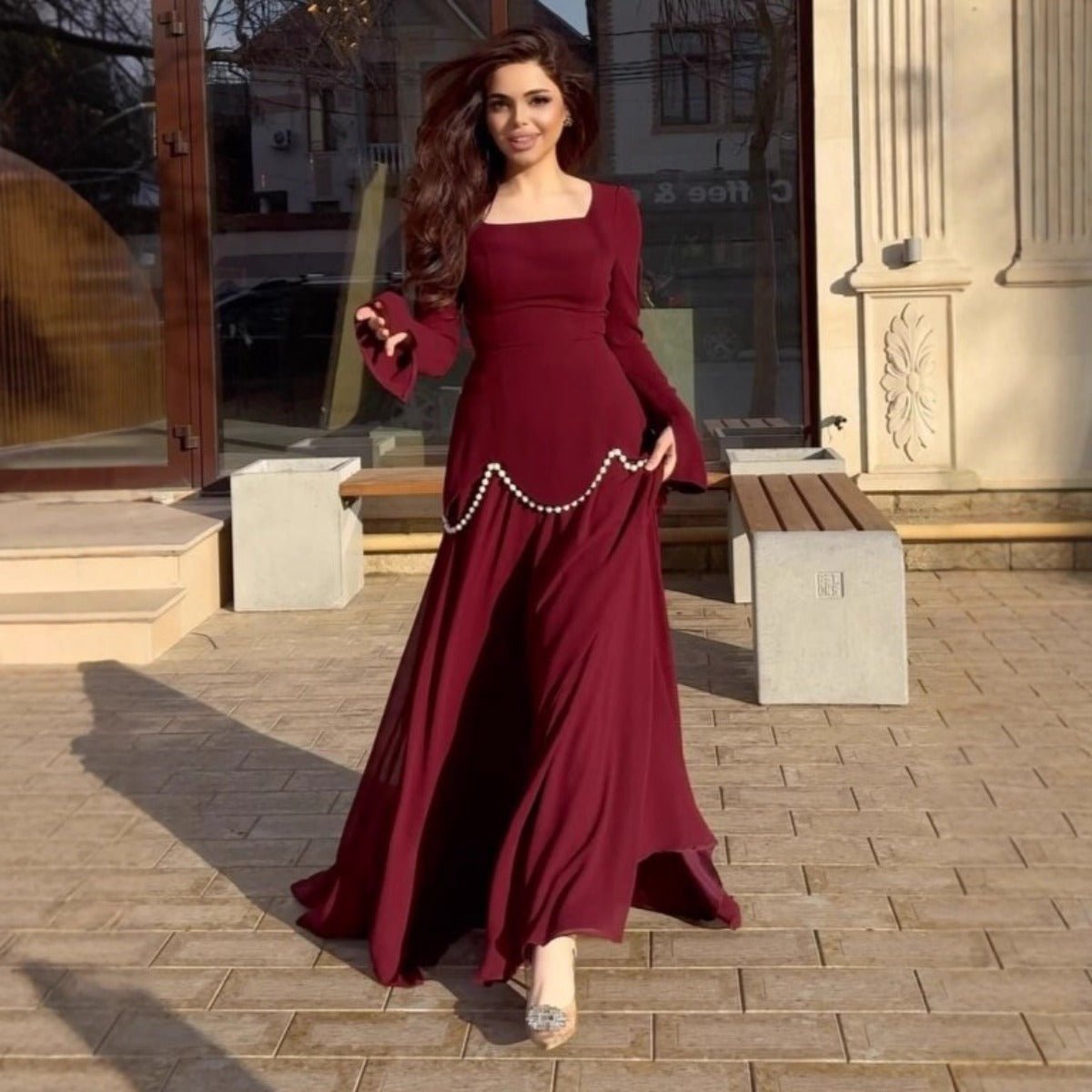 Pearl - Embellished Square Neck Maxi Dress | Modest Gowns with Long Sleeves(MA269) - Mariam's Collection