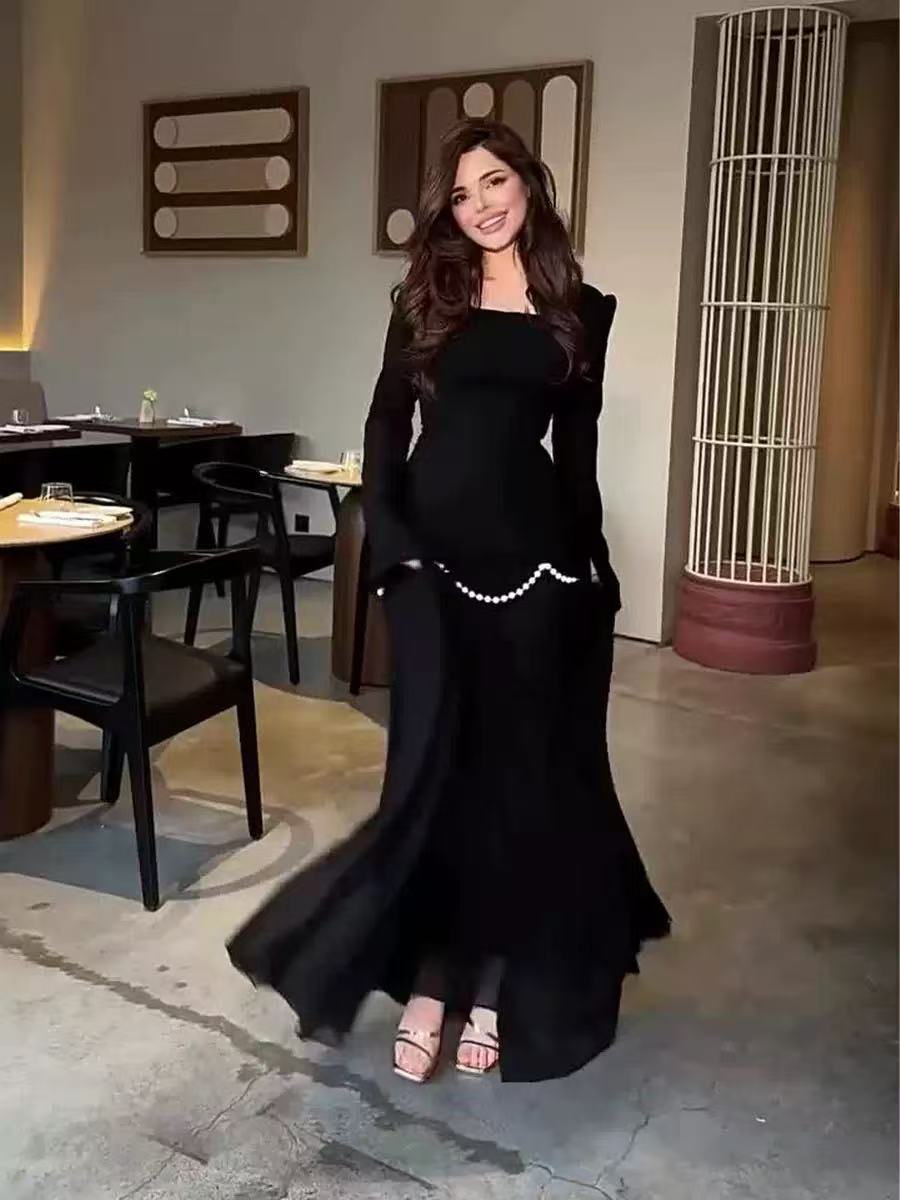 Pearl - Embellished Square Neck Maxi Dress | Modest Gowns with Long Sleeves(MA269) - Mariam's Collection