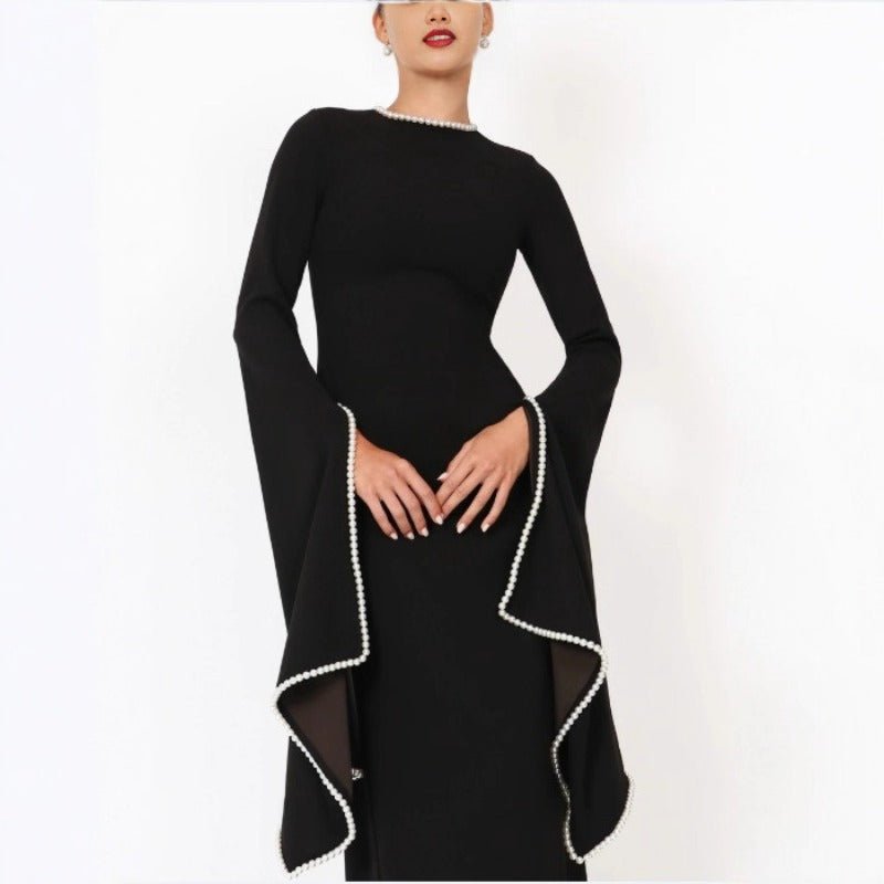 Pearl - Trimmed Cape Sleeve Evening Gown | Fitted Black Maxi Dress(MA355) - Mariam's Collection