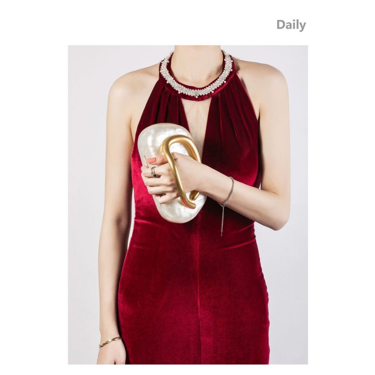 Pearlized Acrylic Gold - Tone Ring Handle Evening Bag - Wedding Banquet Shoulder Messenger Purse. (MAC250) - Mariam's Collection