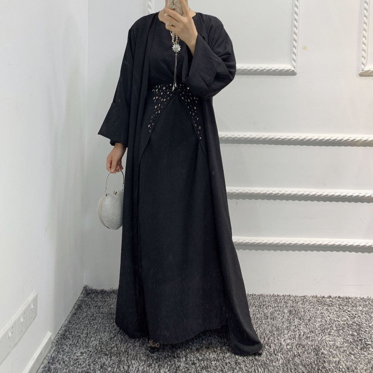 Pineapple Crinkle Solid Color Elegant Open Abaya 3 - Piece Set (MOA131) - Mariam's Collection