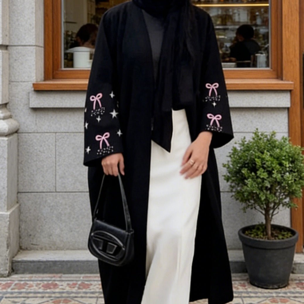 Pink Bow & Star Embroidered Open Abaya(MOA345) - Mariam's Collection