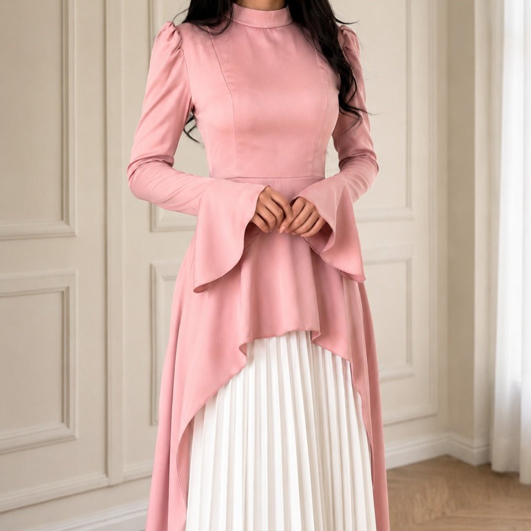 Pink & Ivory Peplum Pleated Maxi Dress(MS512) - Mariam's Collection