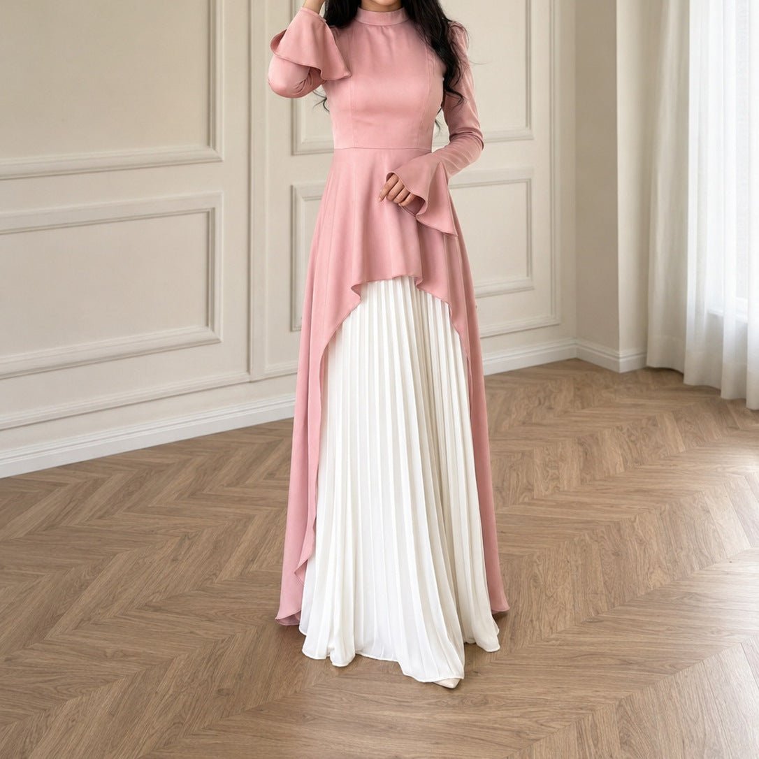 Pink & Ivory Peplum Pleated Maxi Dress(MS512) - Mariam's Collection