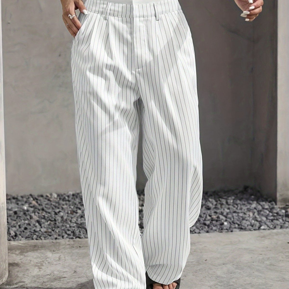 Pinstripe Wide - Leg Pants | High Waist Contrast Waistband Trousers(MS244) - Mariam's Collection