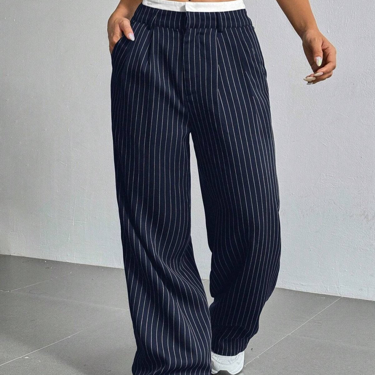 Pinstripe Wide - Leg Pants | High Waist Contrast Waistband Trousers(MS244) - Mariam's Collection