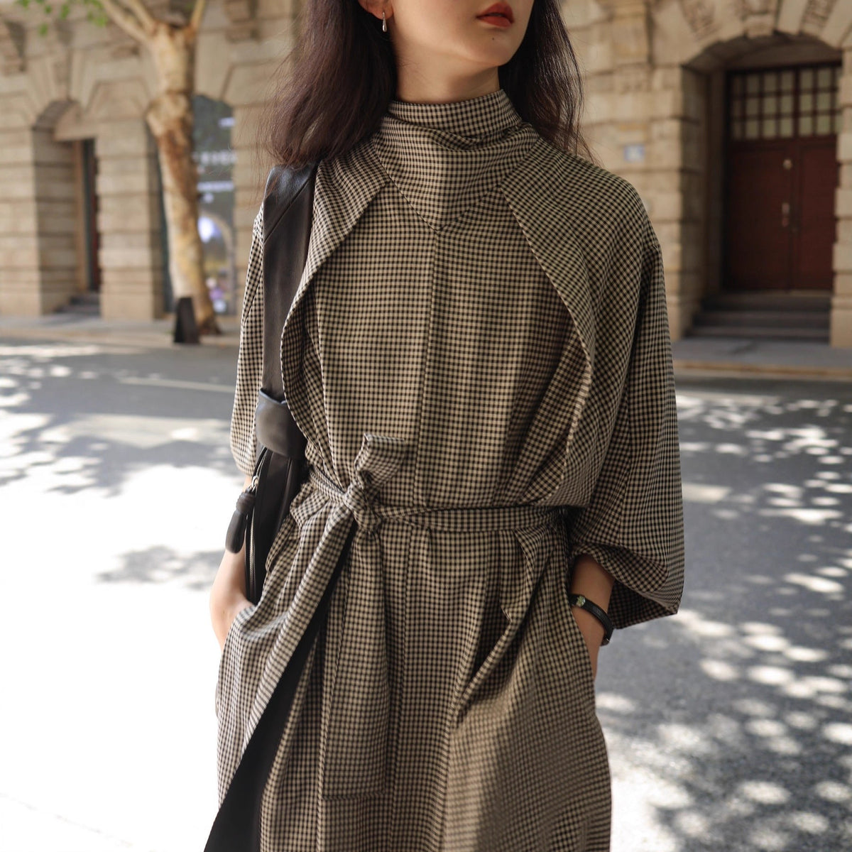Plaid Belted Trench Dress – Modest Check Maxi Dress