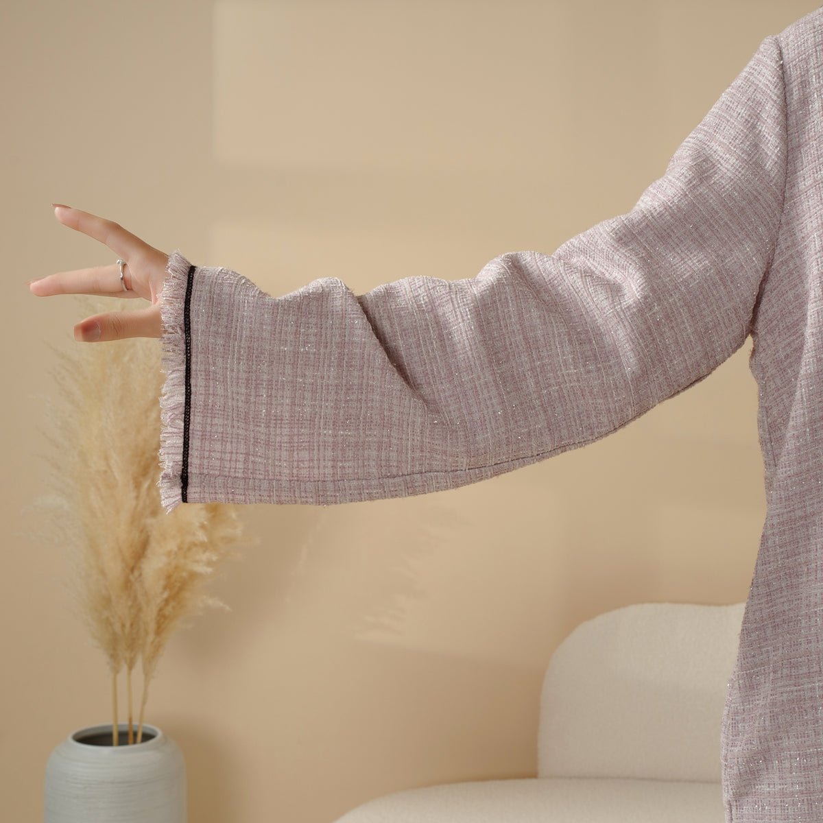 Plaid Tweed Open Abaya Coat with Fringe Details (MOA104) - Mariam's Collection