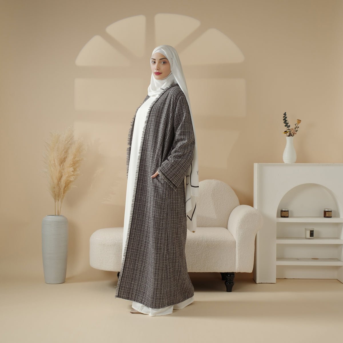Plaid Tweed Open Abaya Coat with Fringe Details (MOA104) - Mariam's Collection