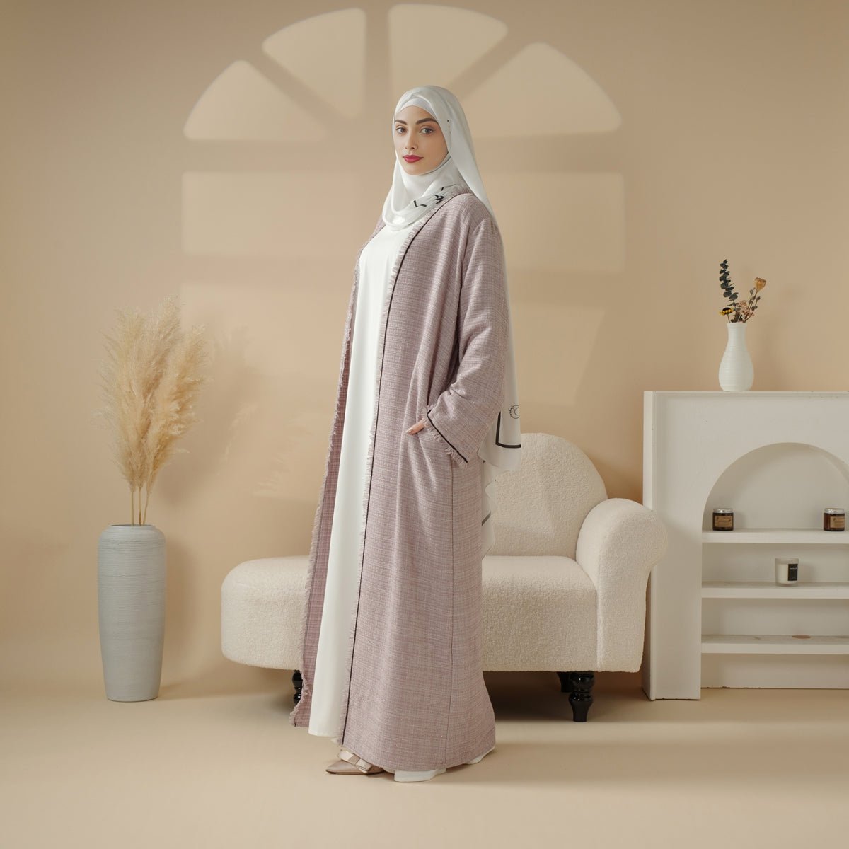 Plaid Tweed Open Abaya Coat with Fringe Details (MOA104) - Mariam's Collection