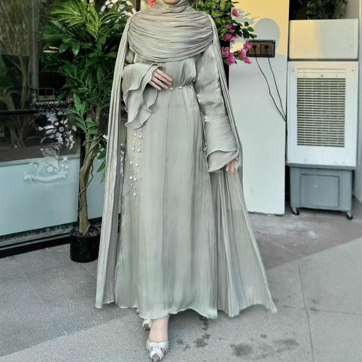Pleated Cape Sleeve Abaya – Rhinestone Silk Maxi Abaya