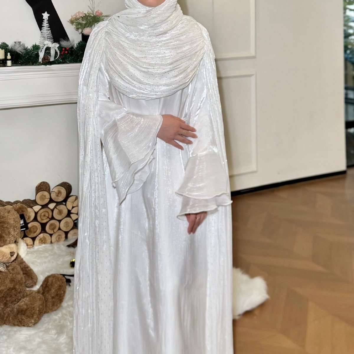 Pleated cape sleeve abaya styled for bridal occasion