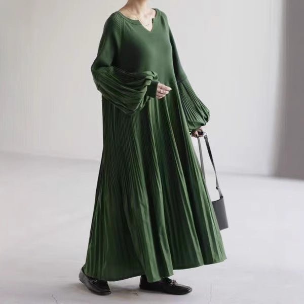 Pleated Knit Maxi Dress | Bubble Sleeve Mixed Media Sweater Dress(MS228) - Mariam's Collection