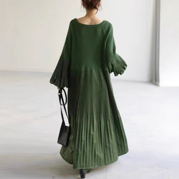 Pleated Knit Maxi Dress | Bubble Sleeve Mixed Media Sweater Dress(MS228) - Mariam's Collection