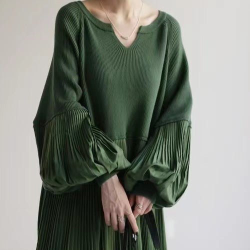 Pleated Knit Maxi Dress | Bubble Sleeve Mixed Media Sweater Dress(MS228) - Mariam's Collection