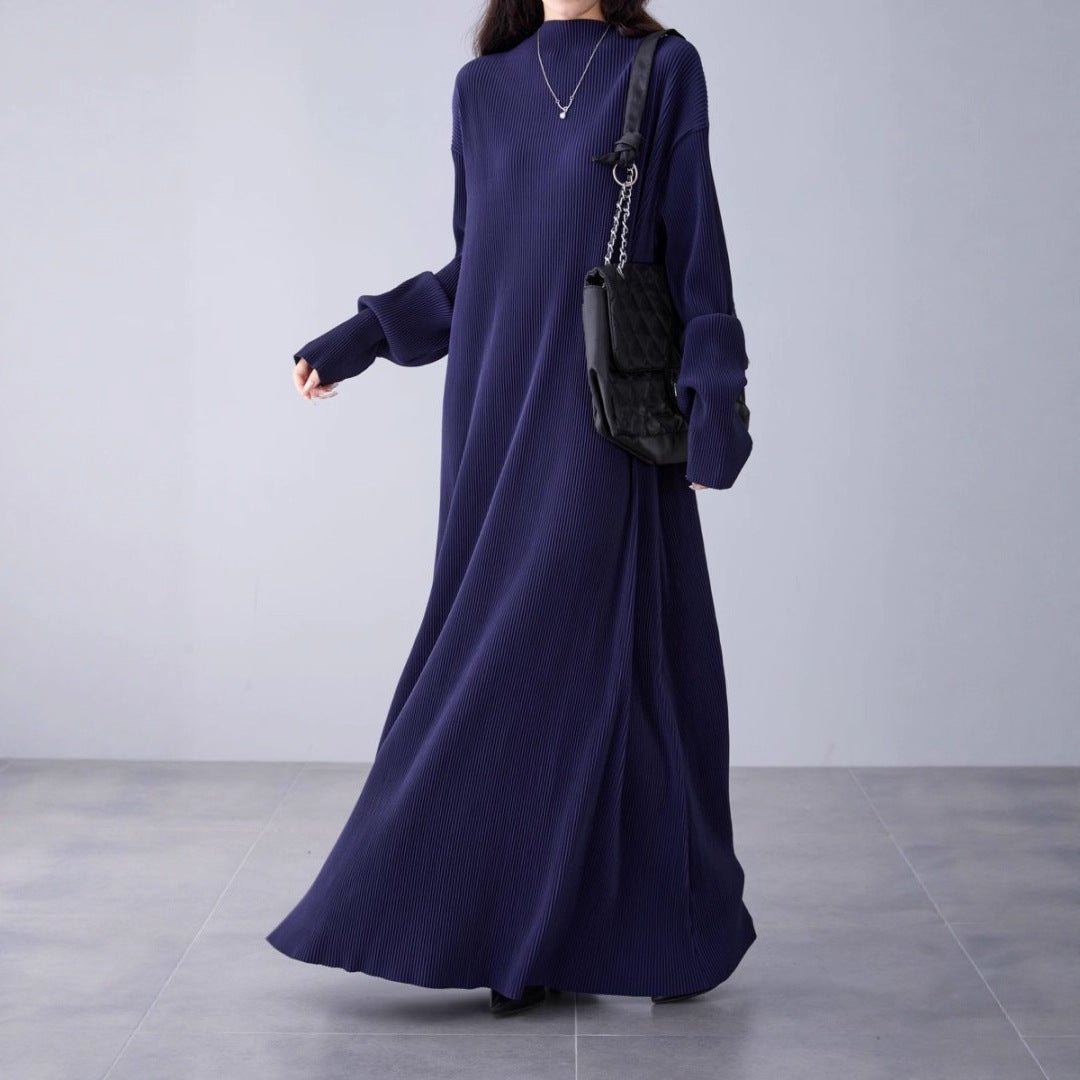 Pleated Knit Maxi Dress | Mock Neck Oversized Sweater Dress(MA370) - Mariam's Collection