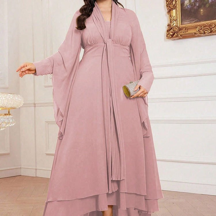 Front view of plus size pleated tie-neck maxi dress in dusty rose pink