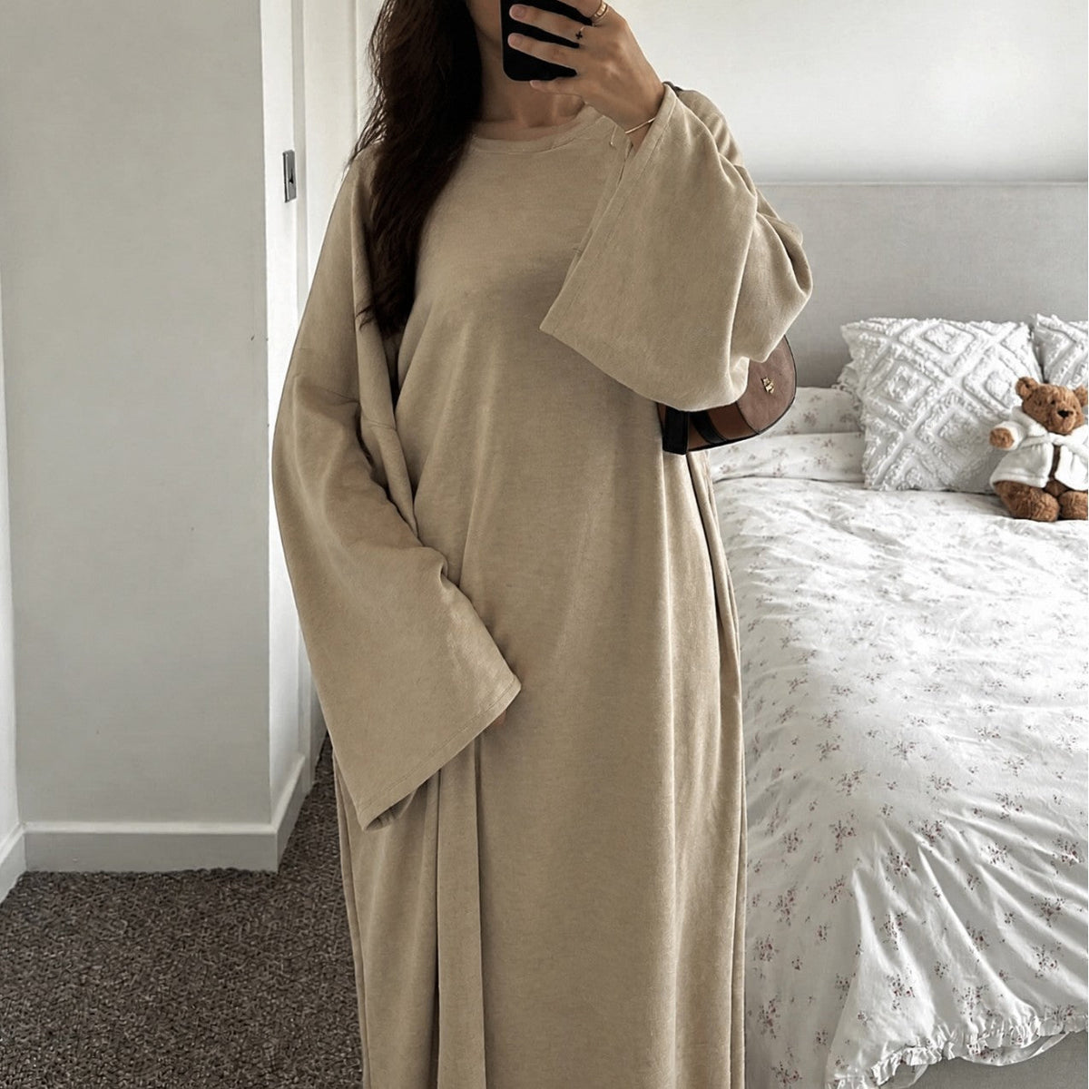 Plus-Size Relaxed Abaya | Solid Long-Sleeve Autumn Dress with Pockets(MA474) - Mariam's Collection