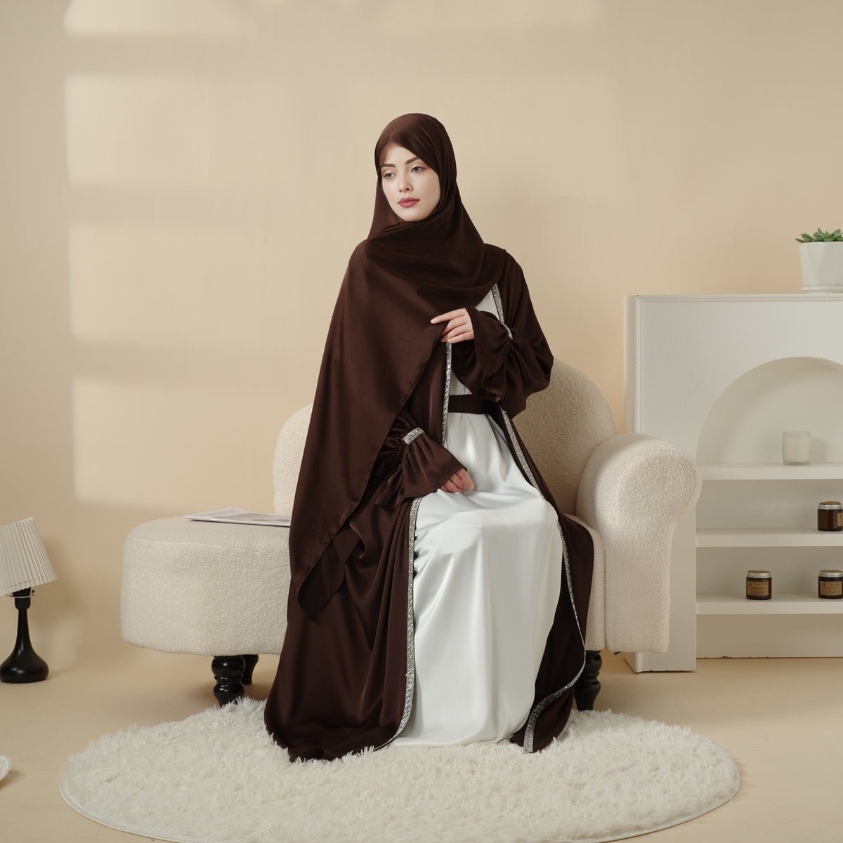 Poet Sleeve Satin Open Abaya With Matching Belt and Hijab (MOA009) - Mariam's Collection