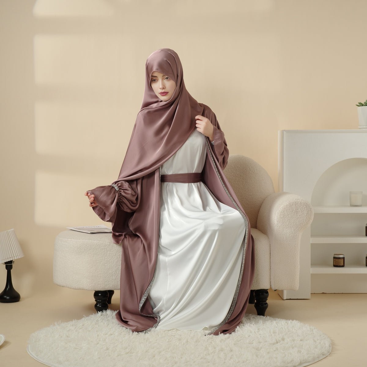 Poet Sleeve Satin Open Abaya With Matching Belt and Hijab (MOA009) - Mariam's Collection