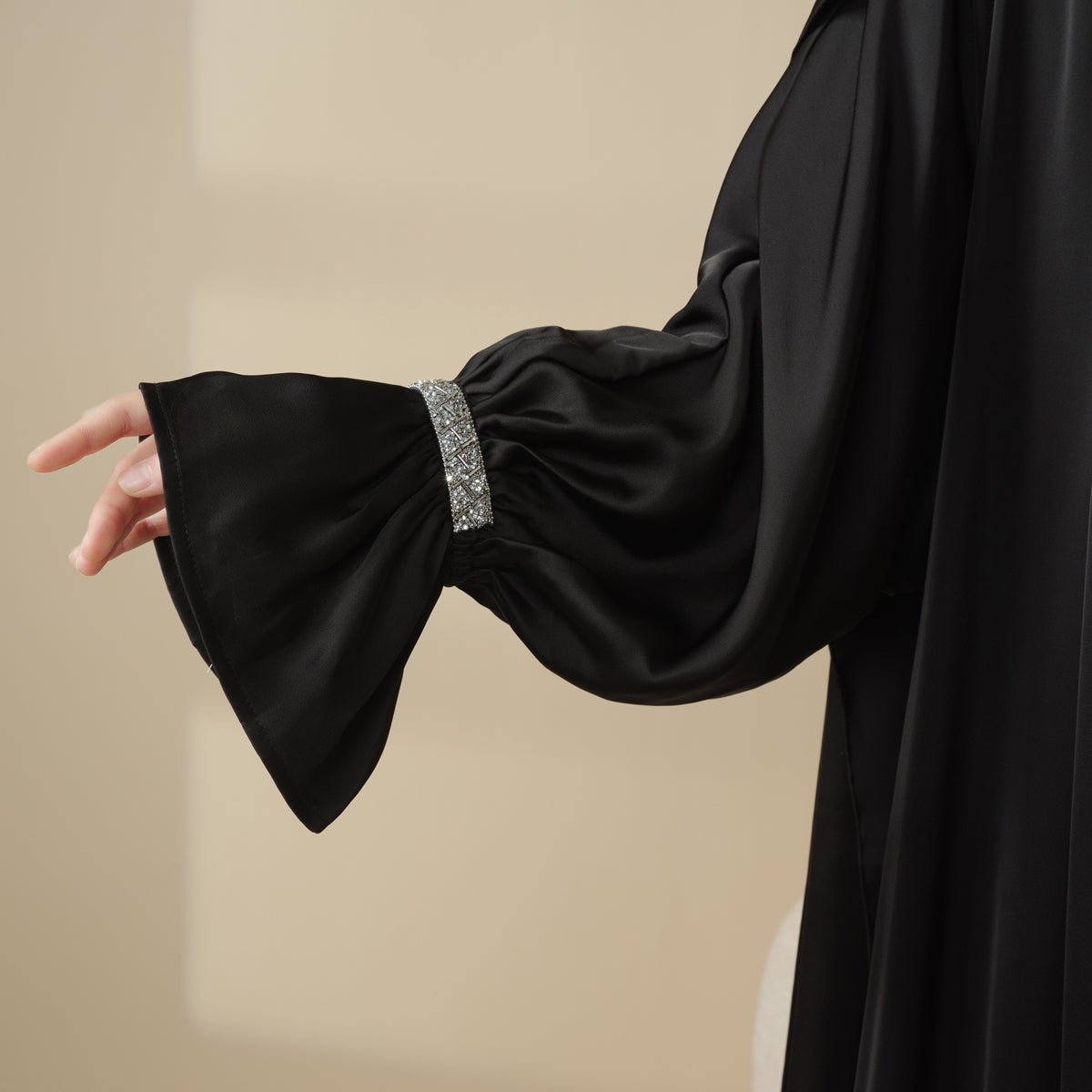 Poet Sleeve Satin Open Abaya With Matching Belt and Hijab (MOA009) - Mariam's Collection