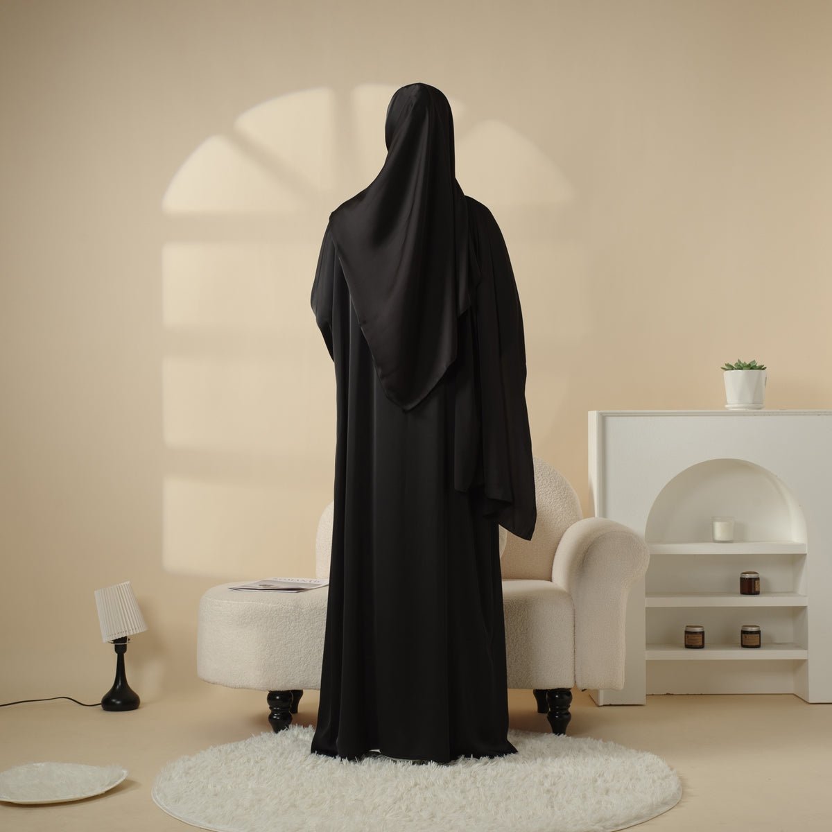 Poet Sleeve Satin Open Abaya With Matching Belt and Hijab (MOA009) - Mariam's Collection