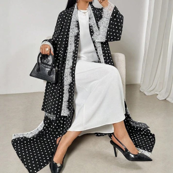 Polka Dot Lace-Trim Open Abaya & Matching Hijab Set(MOA343) - Mariam's Collection