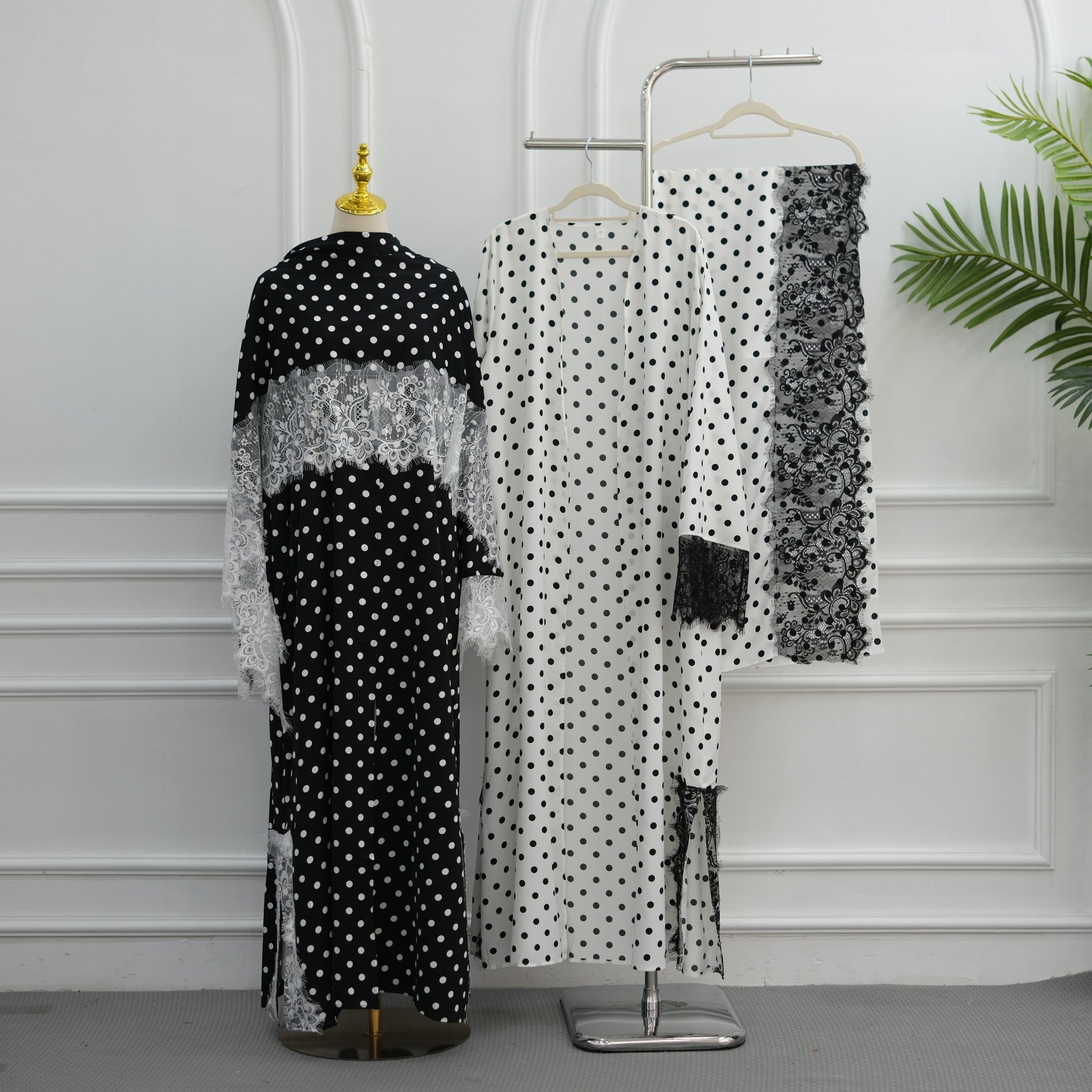 Polka Dot Lace-Trim Open Abaya & Matching Hijab Set(MOA343) - Mariam's Collection