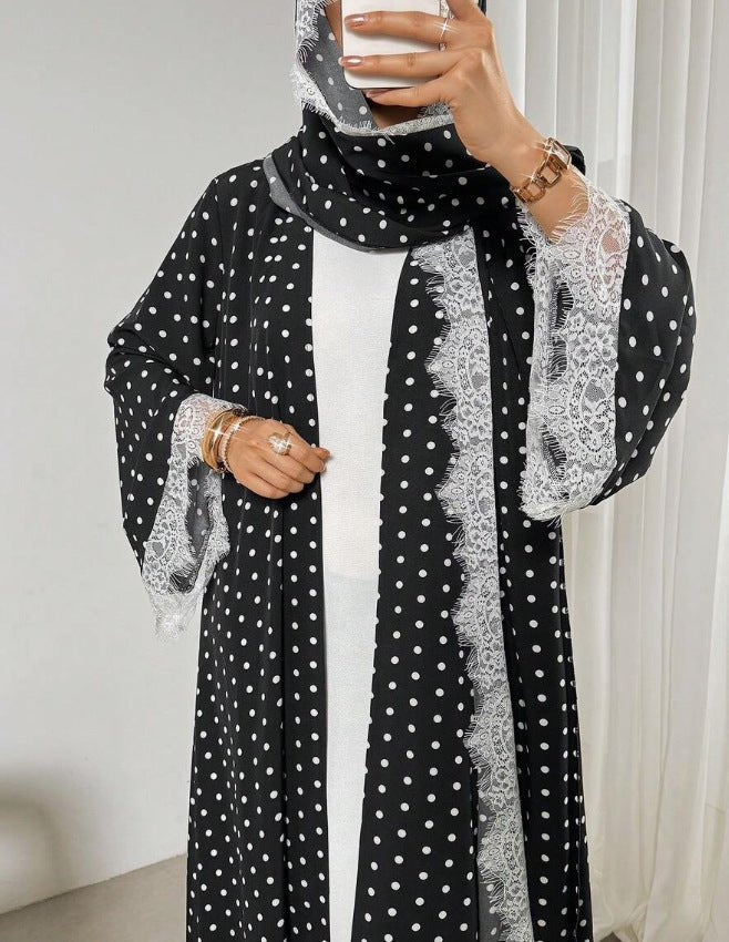 Polka Dot Lace-Trim Open Abaya & Matching Hijab Set(MOA343) - Mariam's Collection