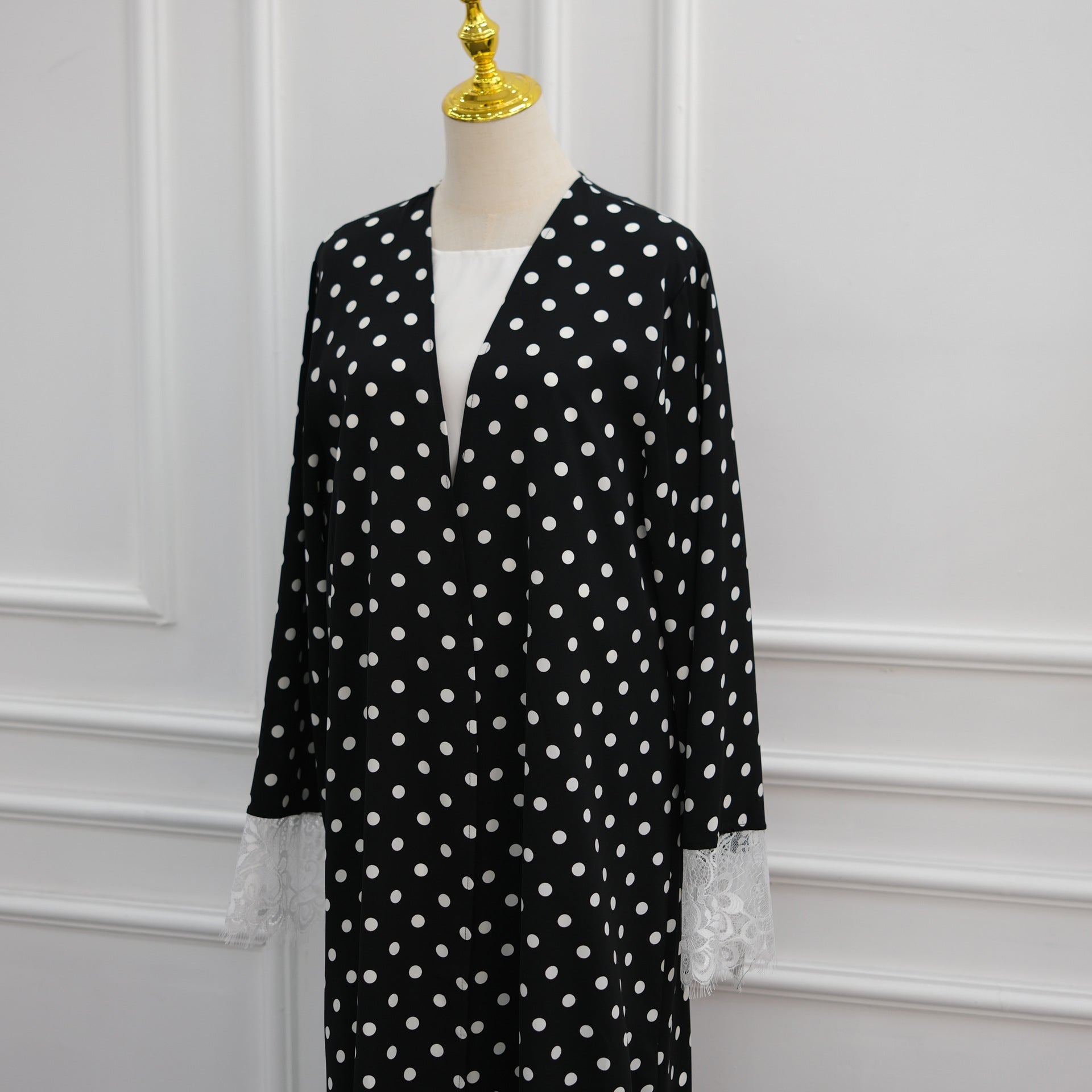 Polka Dot Lace-Trim Open Abaya & Matching Hijab Set(MOA343) - Mariam's Collection