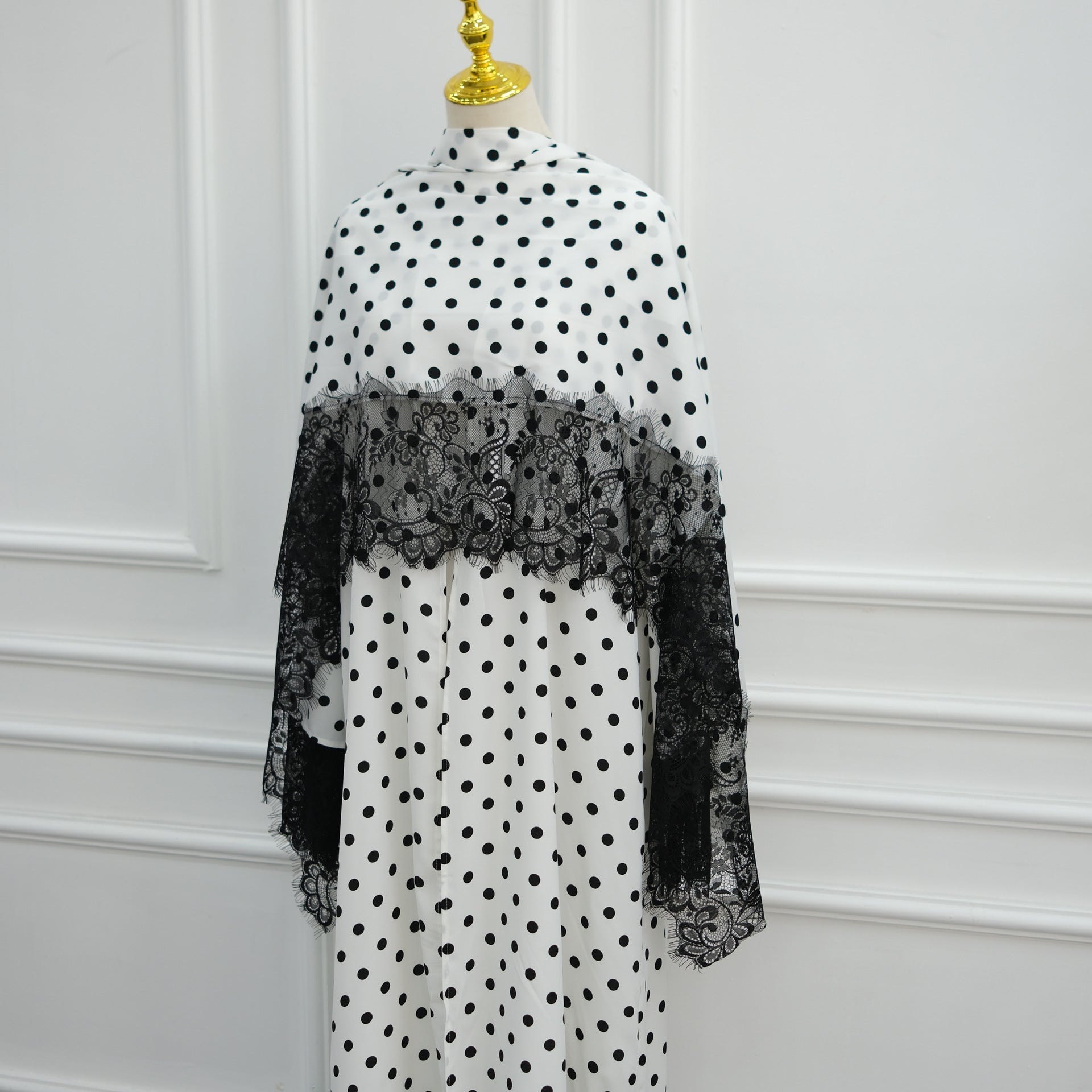 Polka Dot Lace-Trim Open Abaya & Matching Hijab Set(MOA343) - Mariam's Collection