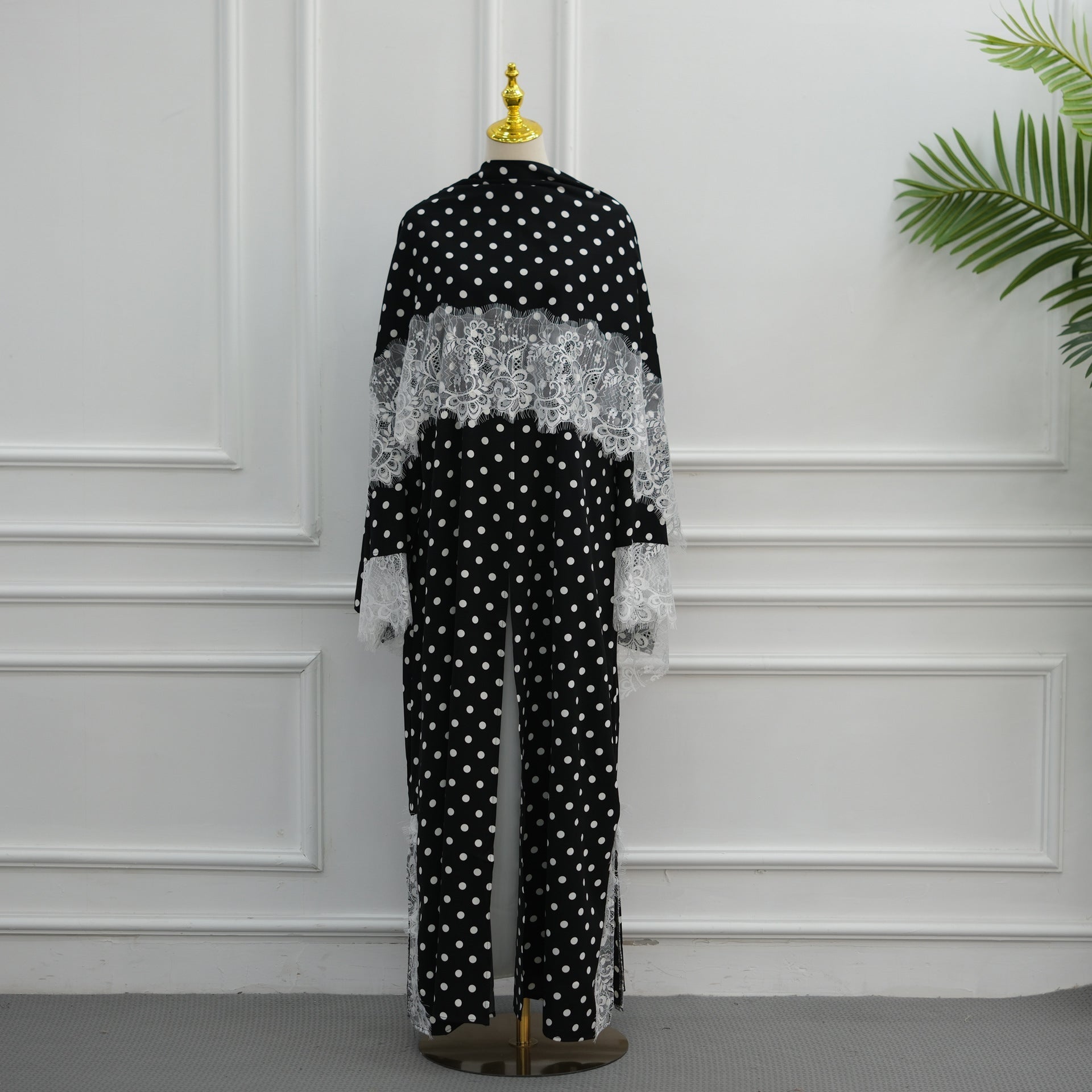 Polka Dot Lace-Trim Open Abaya & Matching Hijab Set(MOA343) - Mariam's Collection
