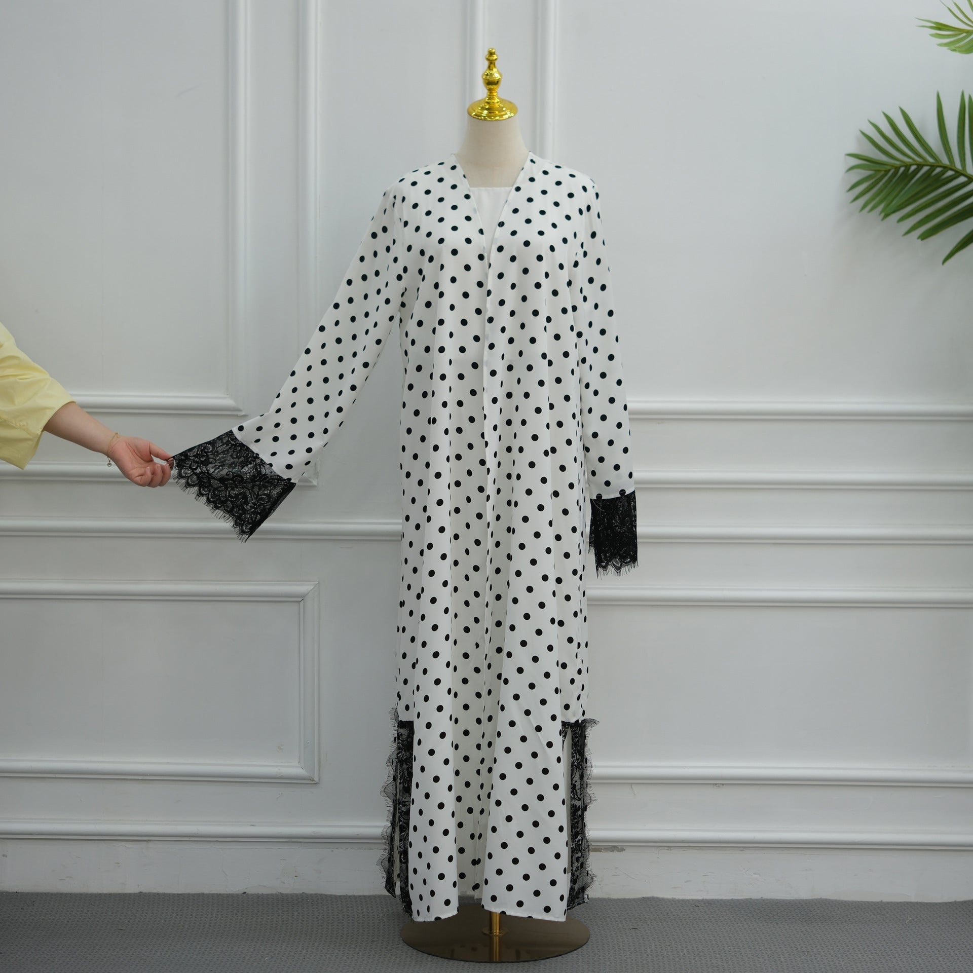 Polka Dot Lace-Trim Open Abaya & Matching Hijab Set(MOA343) - Mariam's Collection