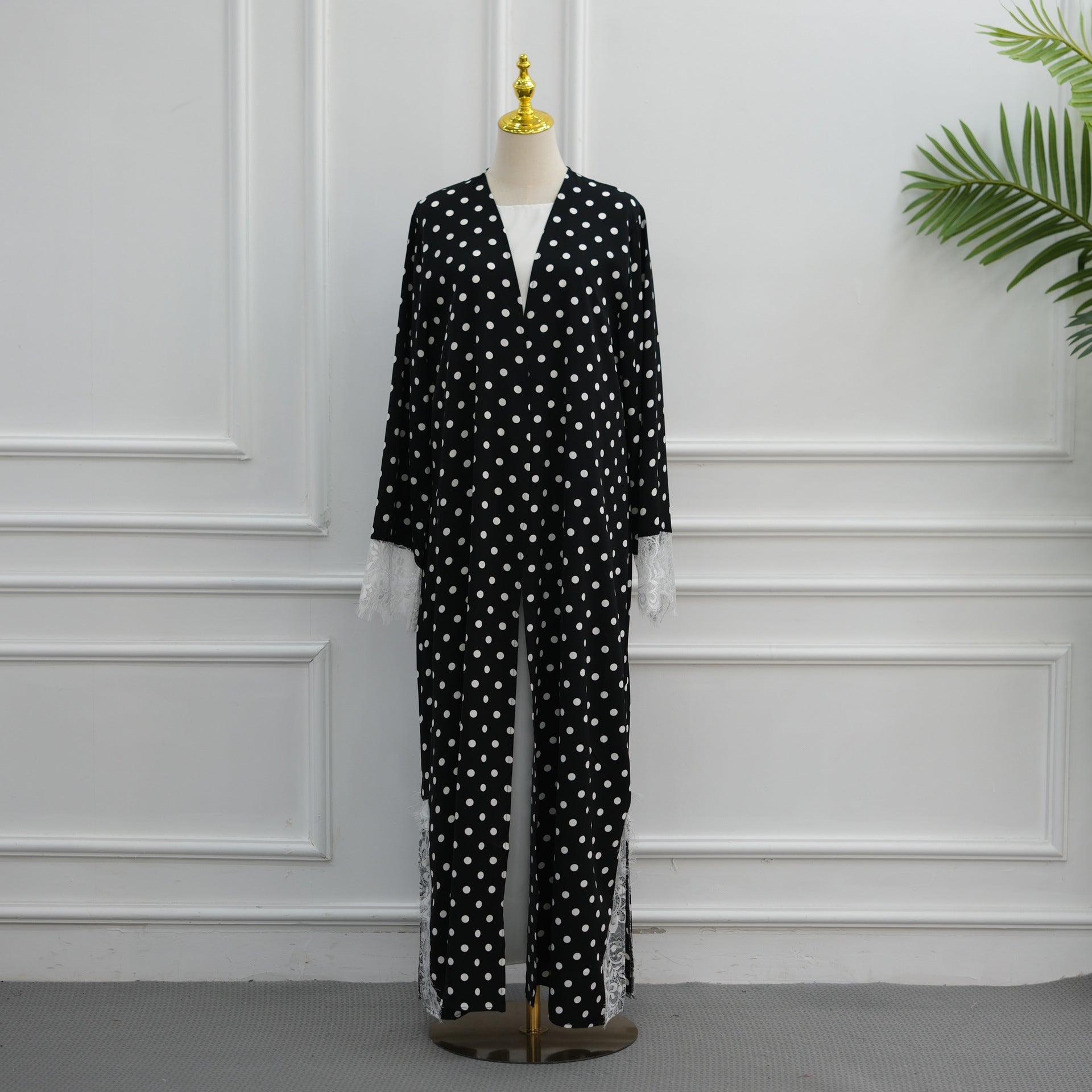 Polka Dot Lace-Trim Open Abaya & Matching Hijab Set(MOA343) - Mariam's Collection