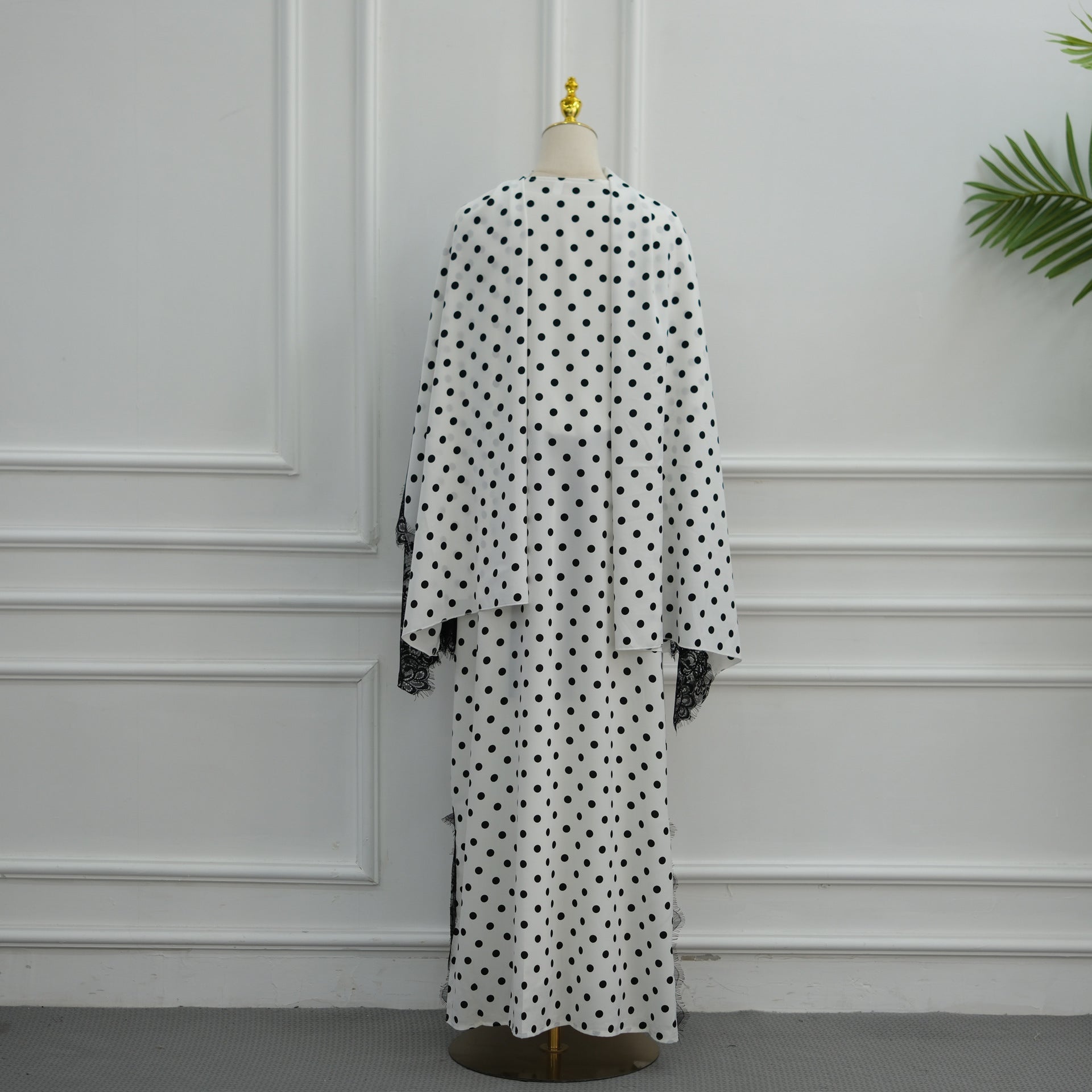 Polka Dot Lace-Trim Open Abaya & Matching Hijab Set(MOA343) - Mariam's Collection