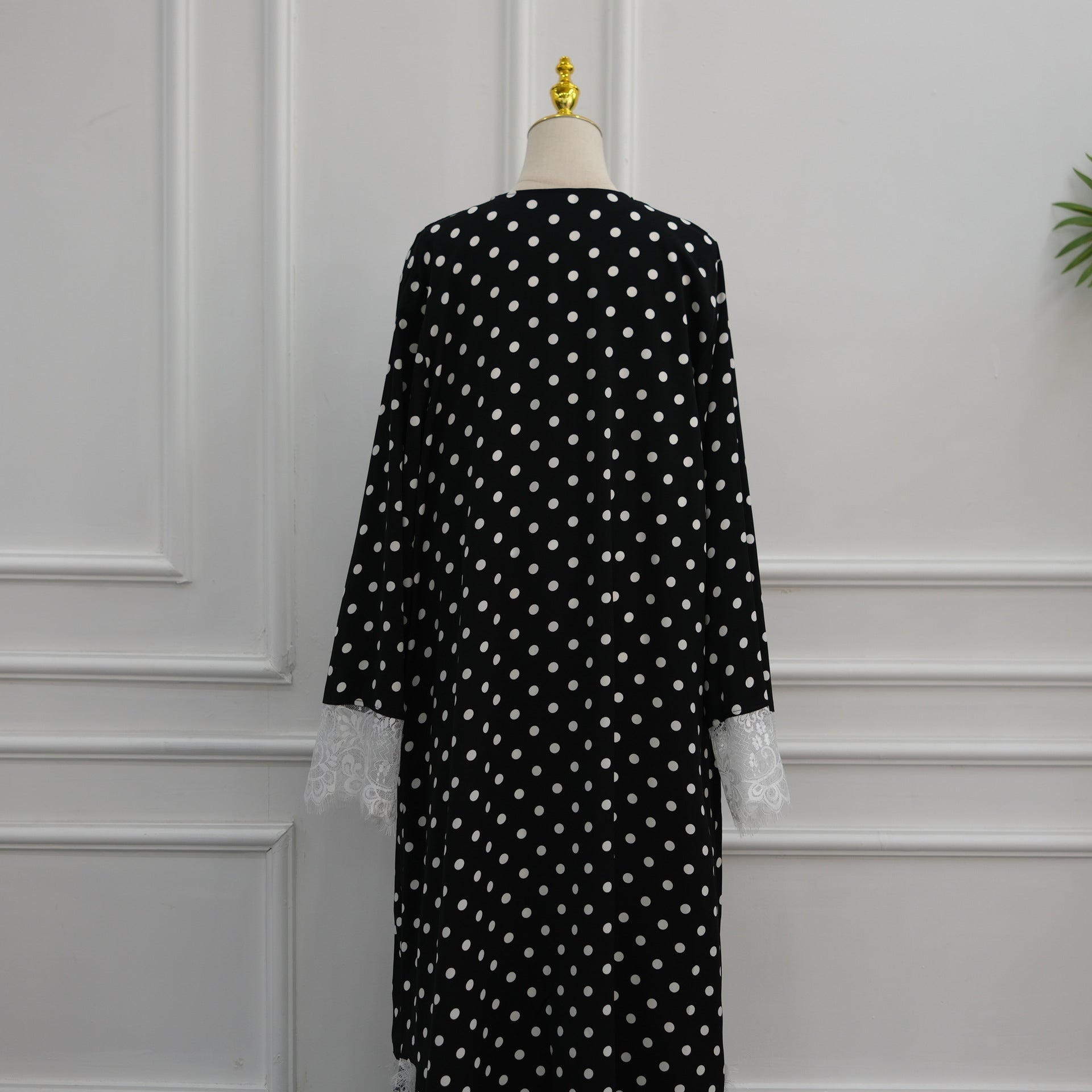 Polka Dot Lace-Trim Open Abaya & Matching Hijab Set(MOA343) - Mariam's Collection