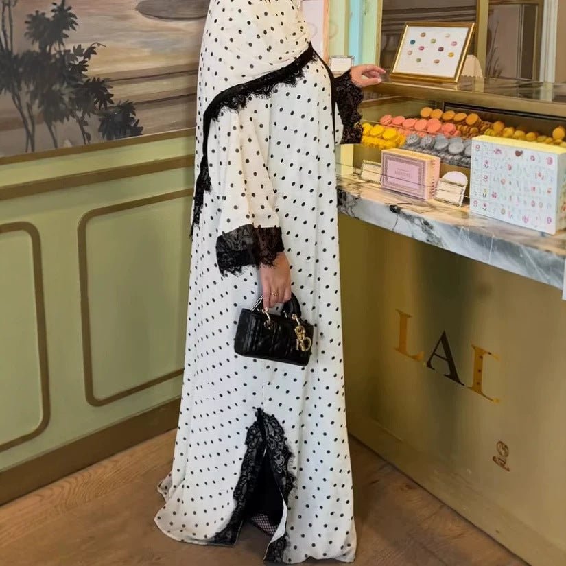 Polka Dot Lace-Trim Open Abaya & Matching Hijab Set(MOA343) - Mariam's Collection