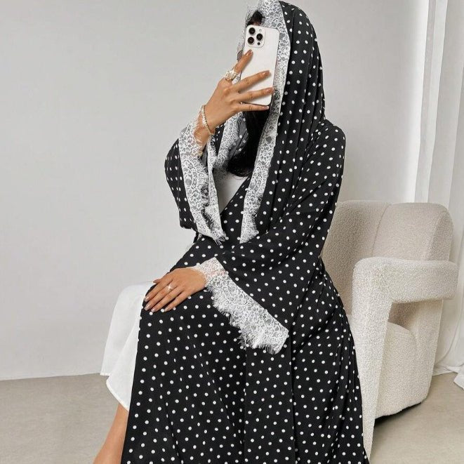 Polka Dot Lace-Trim Open Abaya & Matching Hijab Set(MOA343) - Mariam's Collection