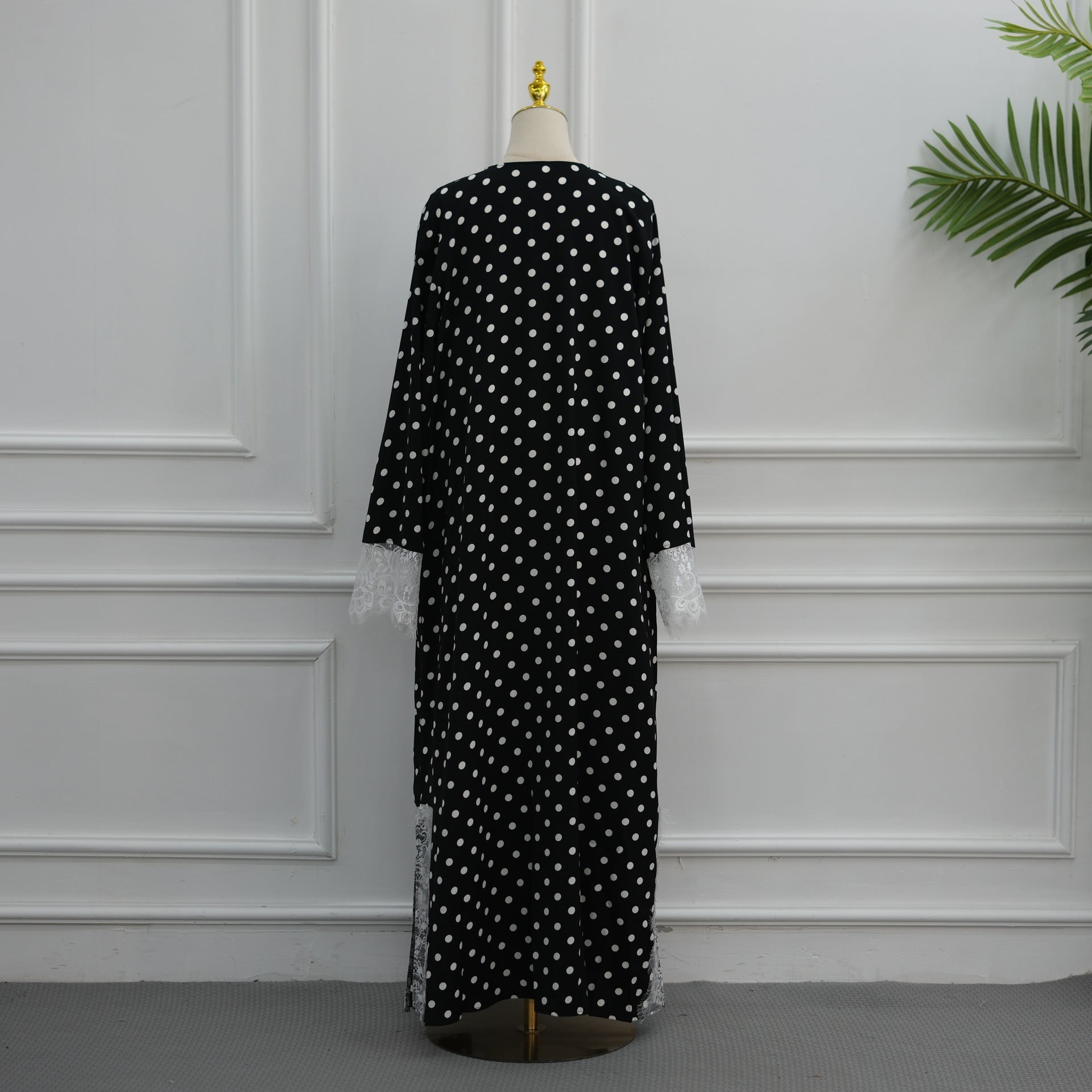 Polka Dot Lace-Trim Open Abaya & Matching Hijab Set(MOA343) - Mariam's Collection