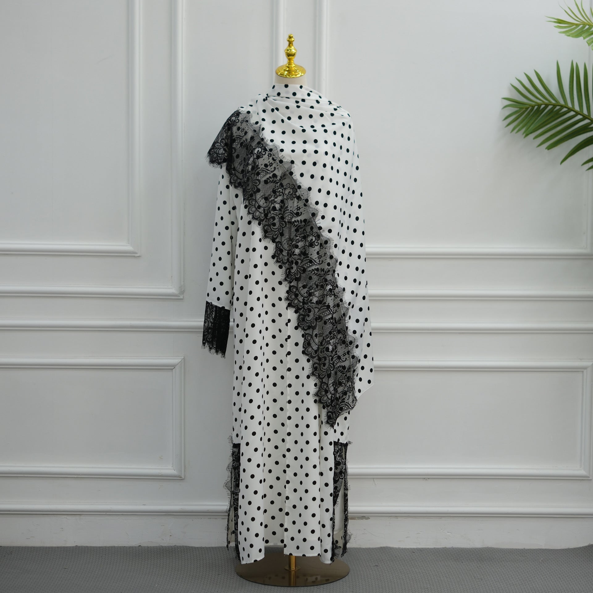 Polka Dot Lace-Trim Open Abaya & Matching Hijab Set(MOA343) - Mariam's Collection