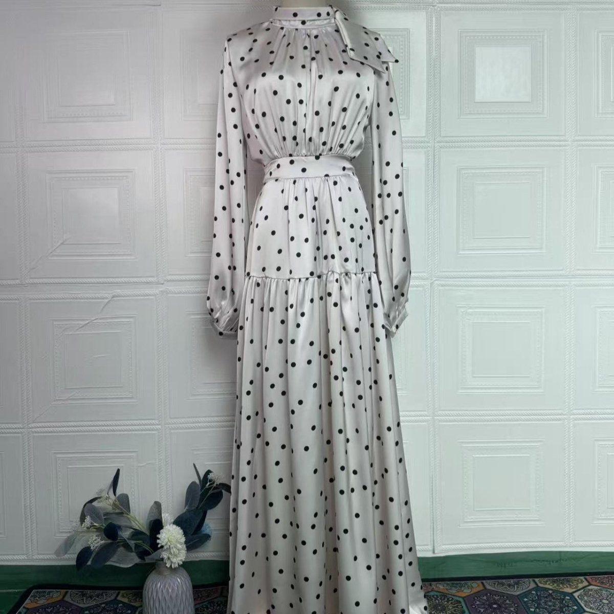 Polka Dot Satin Maxi Dress(MS449) - Mariam's Collection