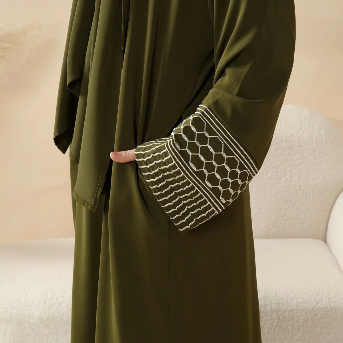 Portable Pocket Headscarf Dress Abaya Olive Green Modest Robe with Geometric Embroidery.(MJ019) - Mariam's Collection