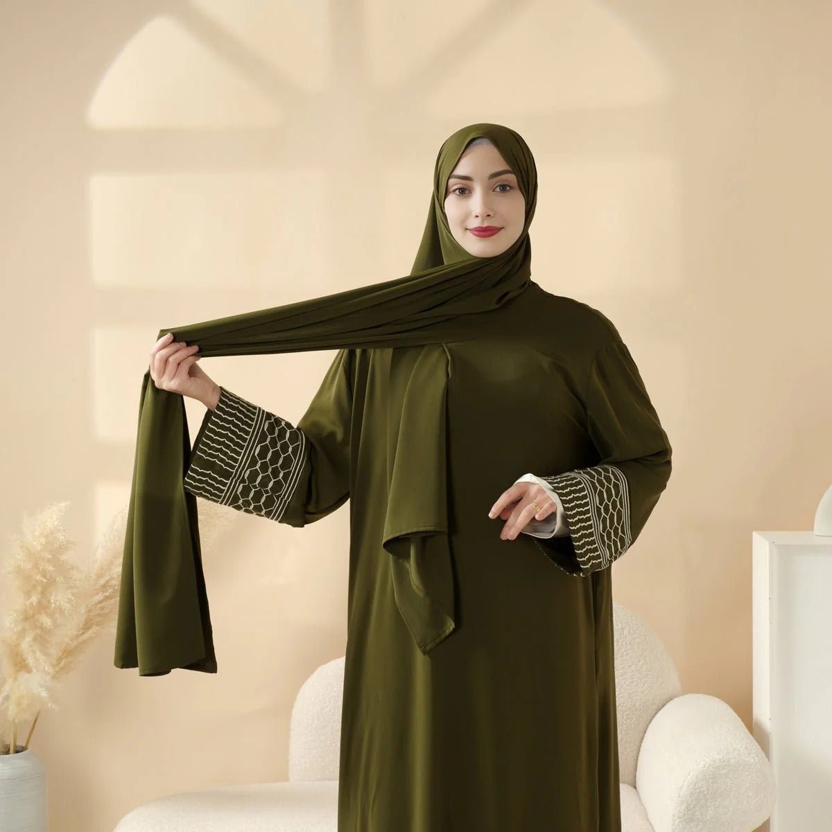 Portable Pocket Headscarf Dress Abaya Olive Green Modest Robe with Geometric Embroidery.(MJ019) - Mariam's Collection