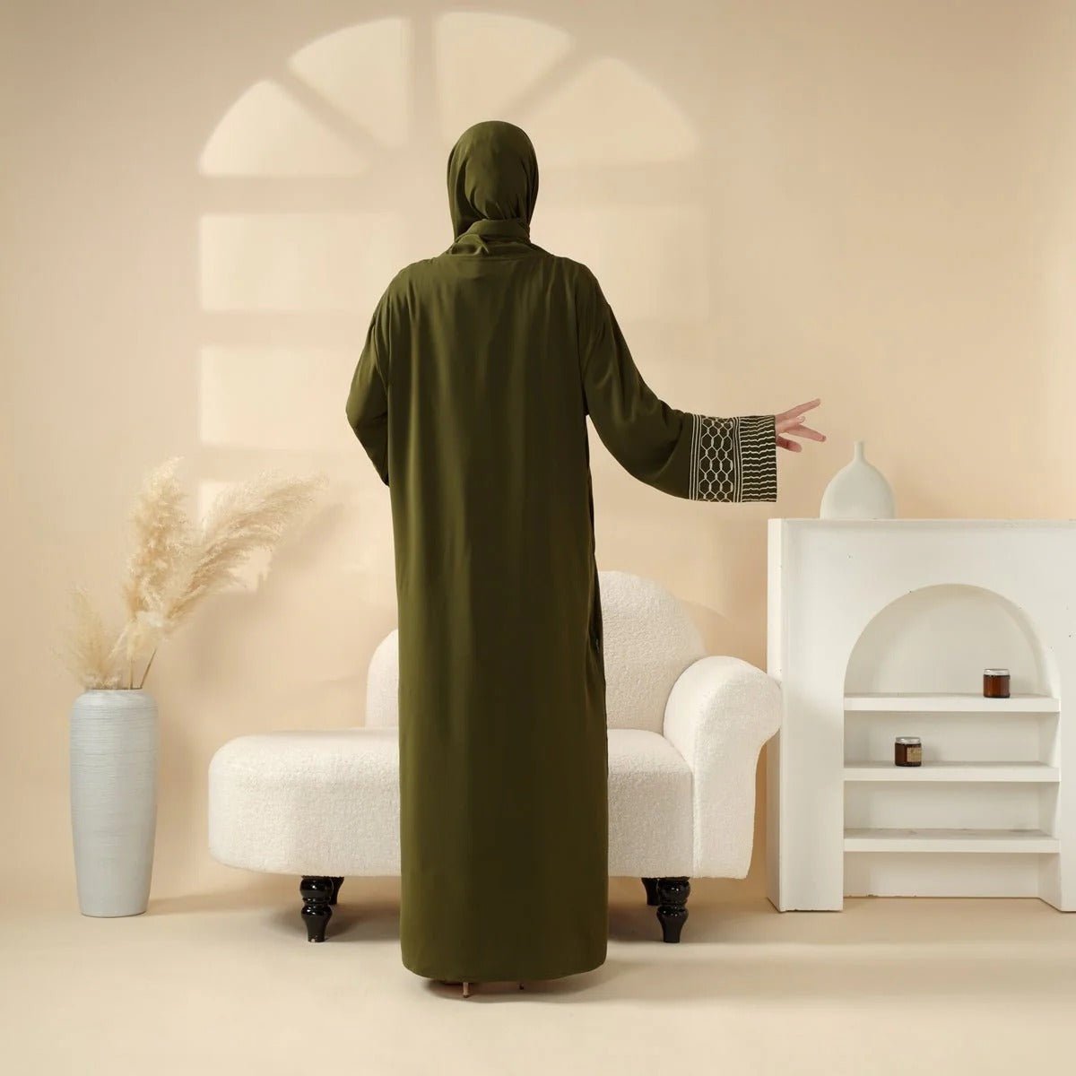Portable Pocket Headscarf Dress Abaya Olive Green Modest Robe with Geometric Embroidery.(MJ019) - Mariam's Collection