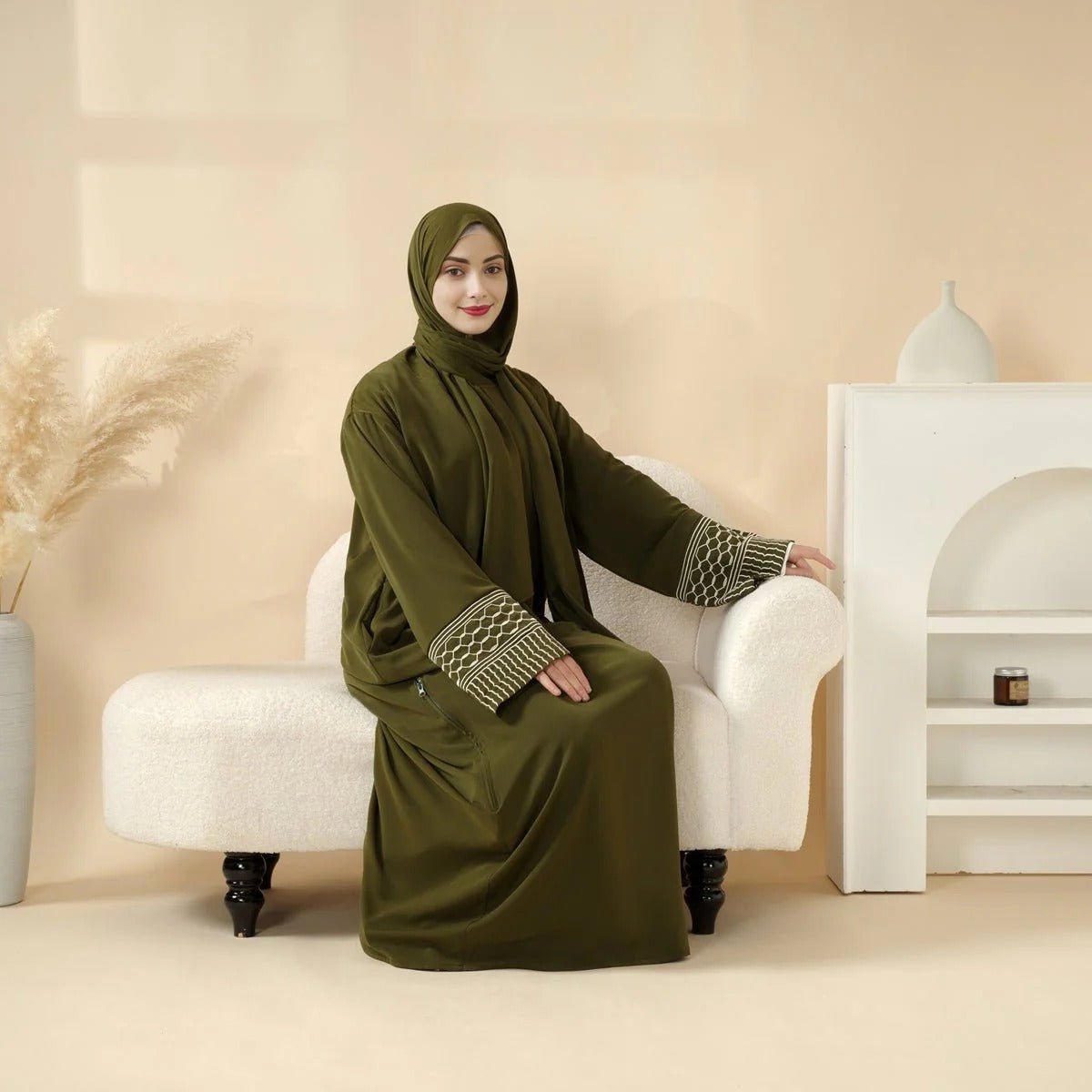 Portable Pocket Headscarf Dress Abaya Olive Green Modest Robe with Geometric Embroidery.(MJ019) - Mariam's Collection