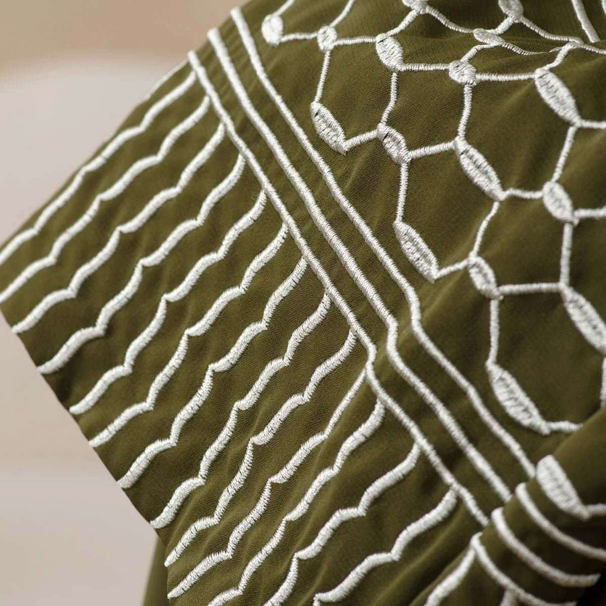 Portable Pocket Headscarf Dress Abaya Olive Green Modest Robe with Geometric Embroidery.(MJ019) - Mariam's Collection