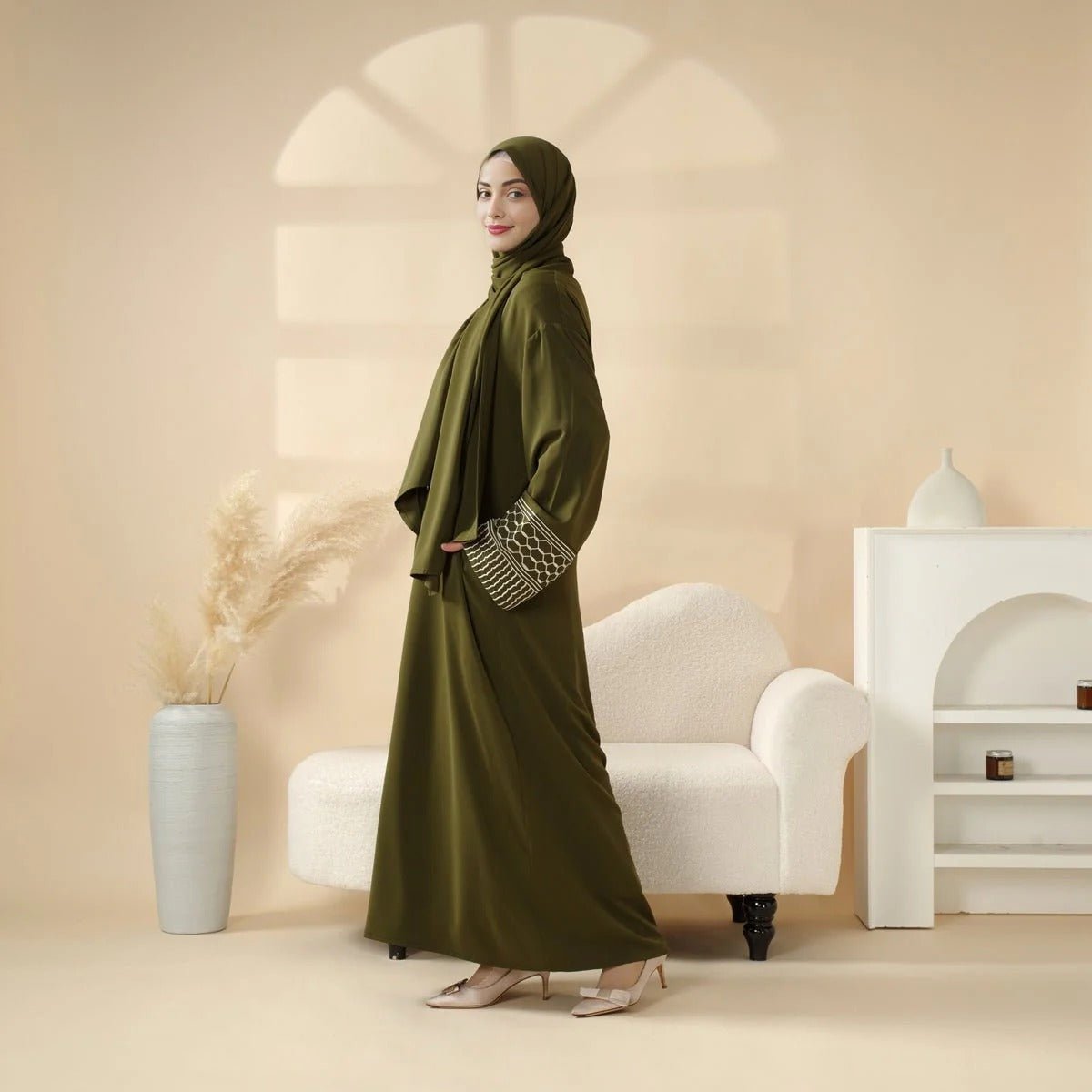 Portable Pocket Headscarf Dress Abaya Olive Green Modest Robe with Geometric Embroidery.(MJ019) - Mariam's Collection