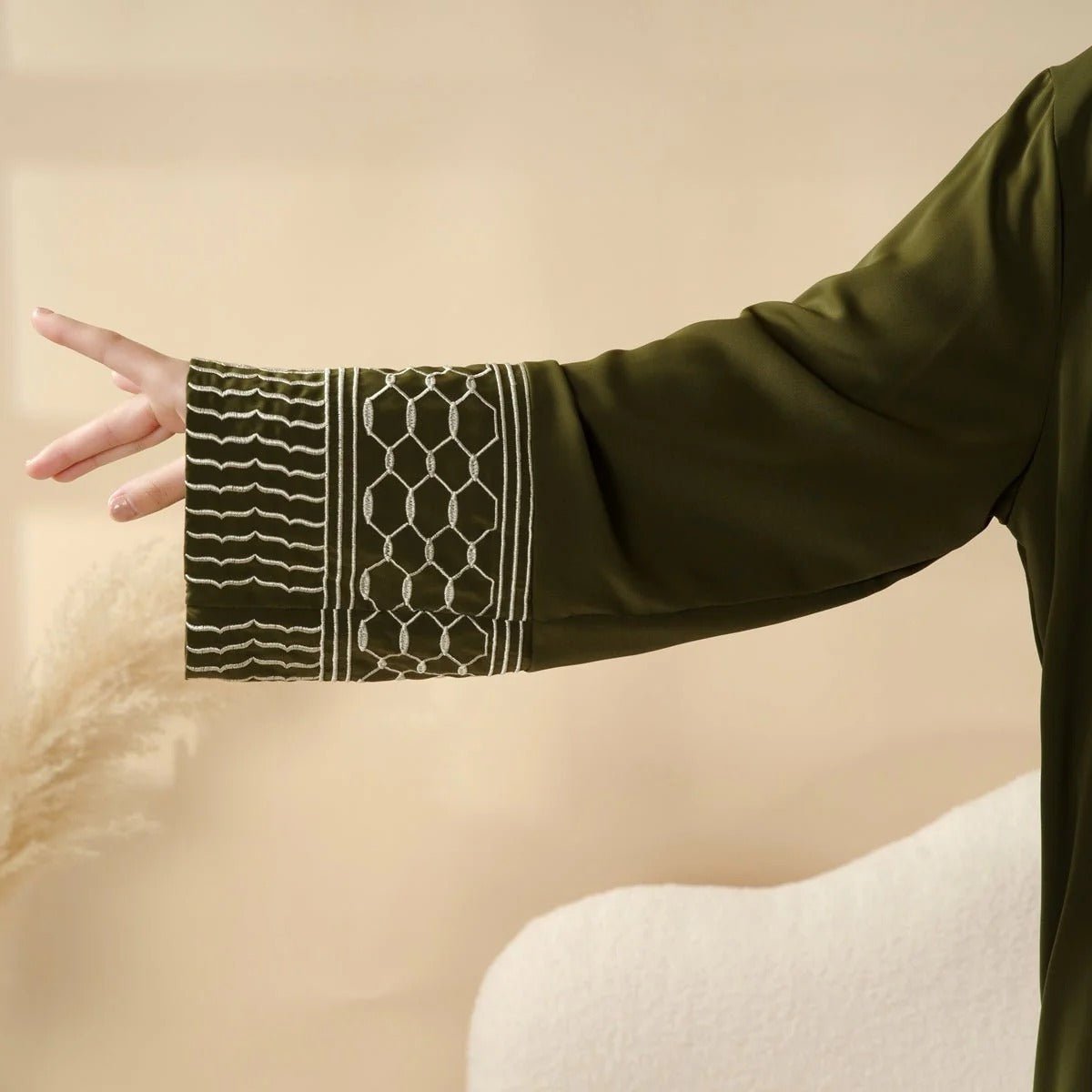 Portable Pocket Headscarf Dress Abaya Olive Green Modest Robe with Geometric Embroidery.(MJ019) - Mariam's Collection